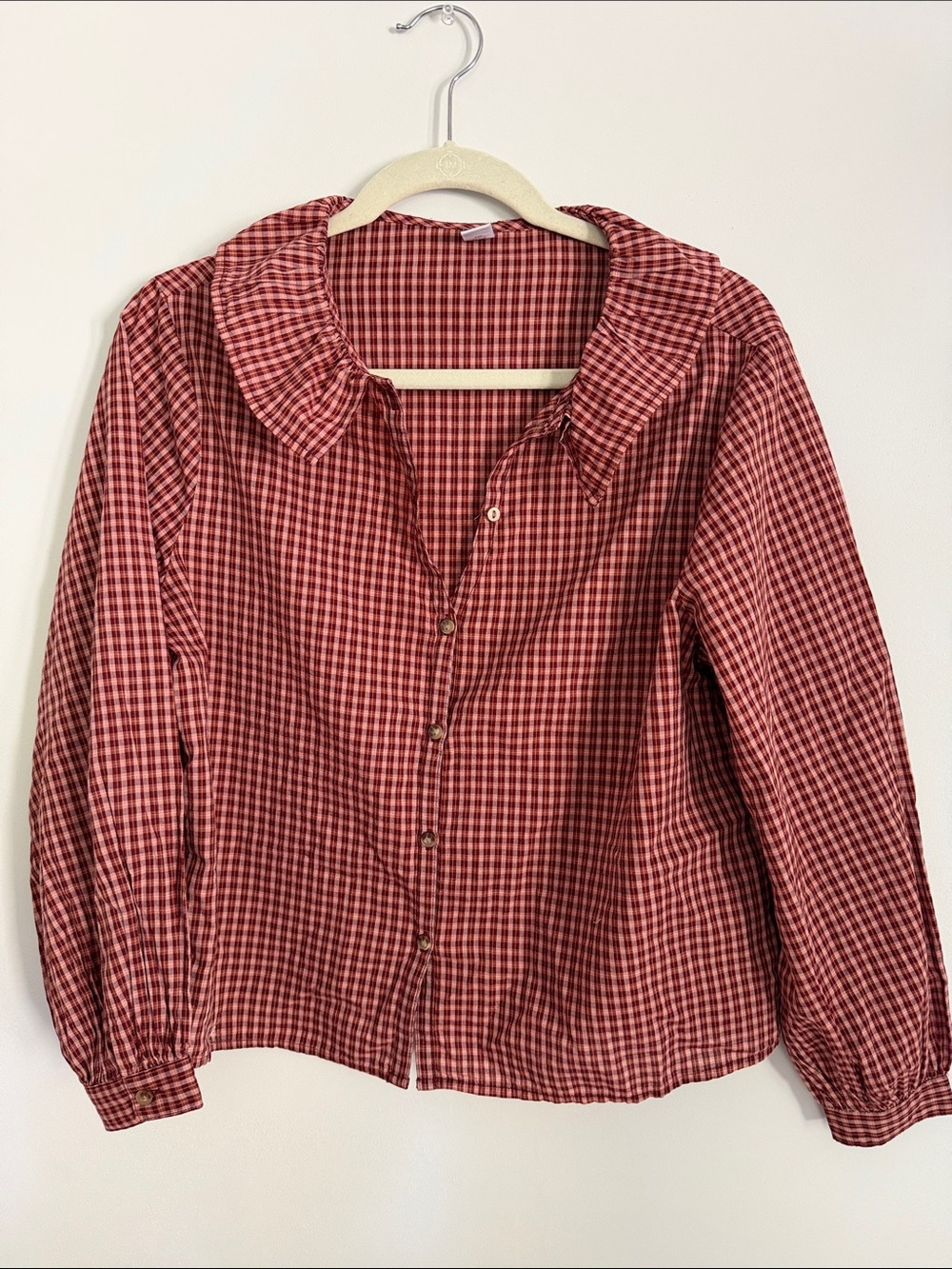 Old Navy Red Gingham Button-Down Shirt with Rounded Collar
